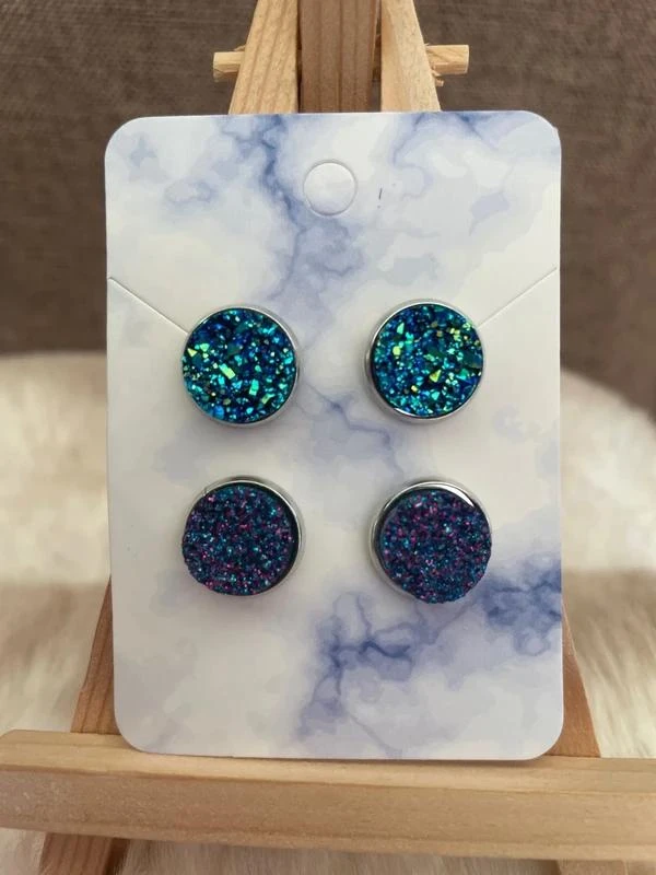 Lot de 2 paires de boucles d’oreilles style druzy bleu et violet – photo 2